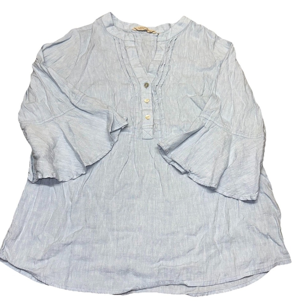 Soft Surroundings Blue Pintuck Raisa Linen Blend Top Bell Sleeve Beach Women's M - Picture 3 of 10